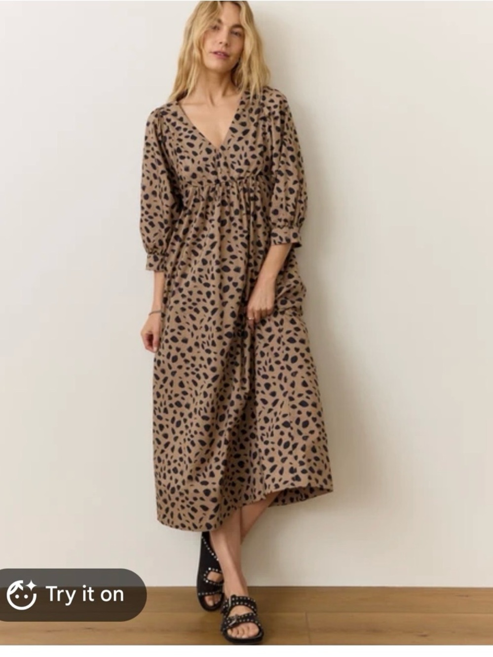 Marine Layer Alani Poplin Maxi Dress Sz S Brown Black Animal Print Puff Sleeve